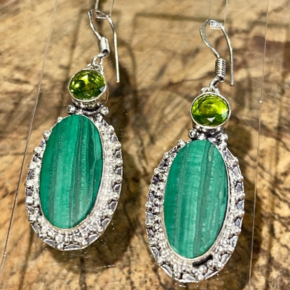 Green Oval Malachite Earrings 2” - Picture 2 of 7